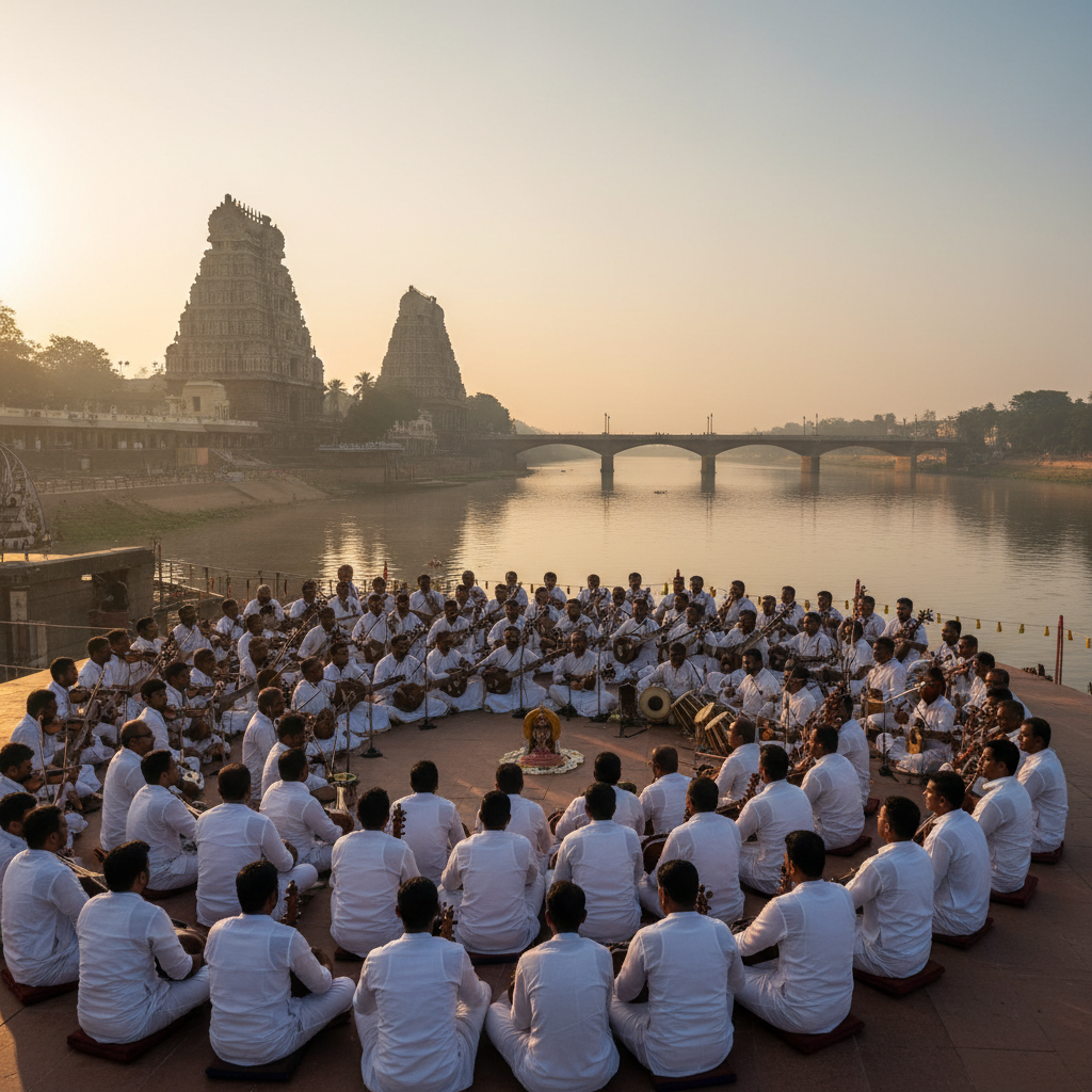 Thyagaraja Aradhana classical music festival at Tiruvaiyaru with hundreds of Carnatic musicians in white attire performing kritis at dawn beside the Kaveri river