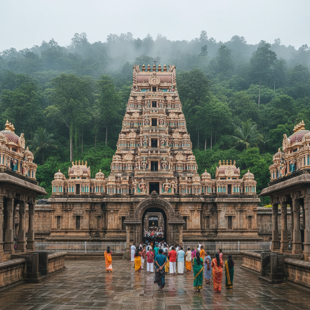 Kukke Subramanya temple entrance with lush Western Ghats forest surrounding the ancient shrine in Karnataka