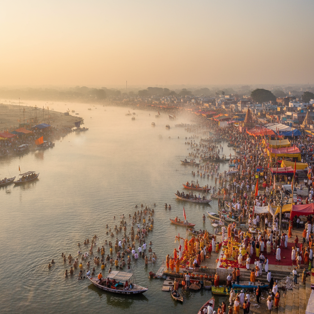 Millions of pilgrims bathing at Triveni Sangam Prayagraj during Mahakumbh Mela at dawn with mist rising from the holy rivers