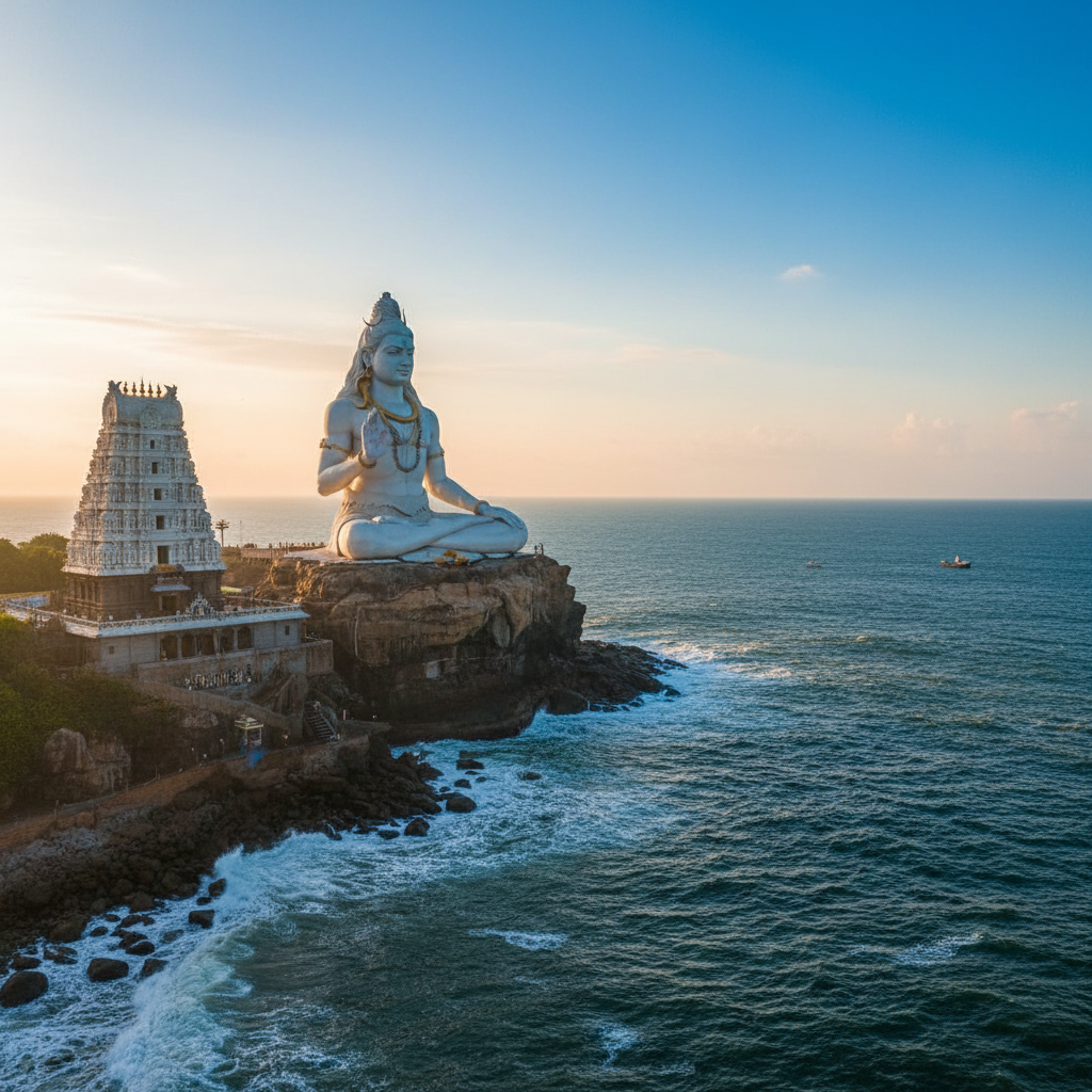Murudeshwar 123-foot Shiva statue standing on a rocky promontory overlooking the Arabian Sea in Karnataka