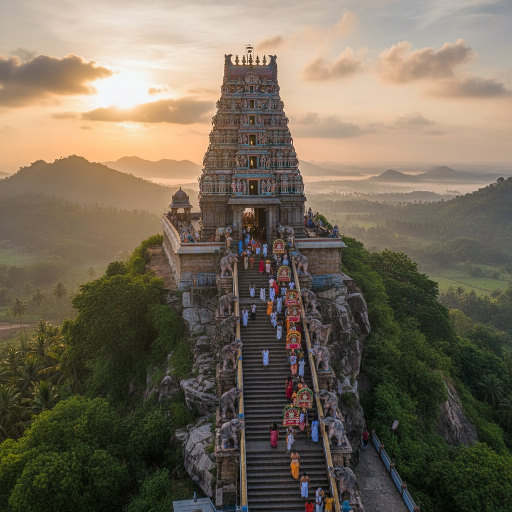 Palani Murugan temple on Sivagiri hill with pilgrims climbing the sacred steps at sunrise in Tamil Nadu