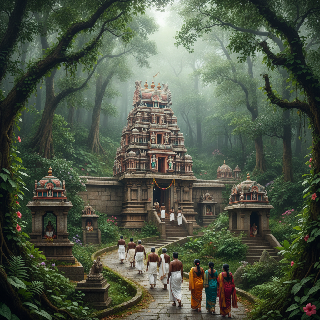Pazhamudircholai Murugan temple nestled in lush forest hills near Madurai with flowering trees surrounding the shrine