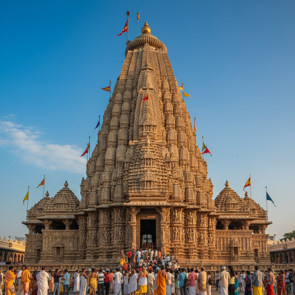 Puri Jagannath Temple towering shikhara spire rising 65 metres against the sky with devotees gathered at the Lion Gate entrance in Odisha