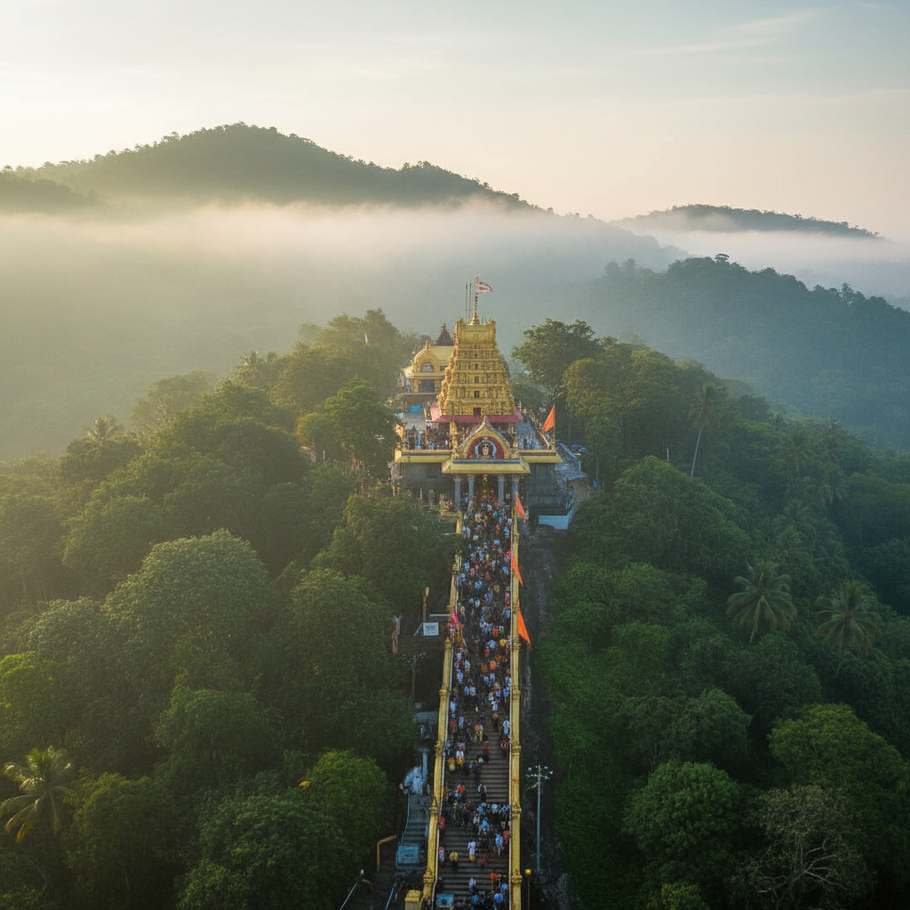 Sabarimala temple nestled in the lush green Western Ghats forest hills of Kerala at dawn