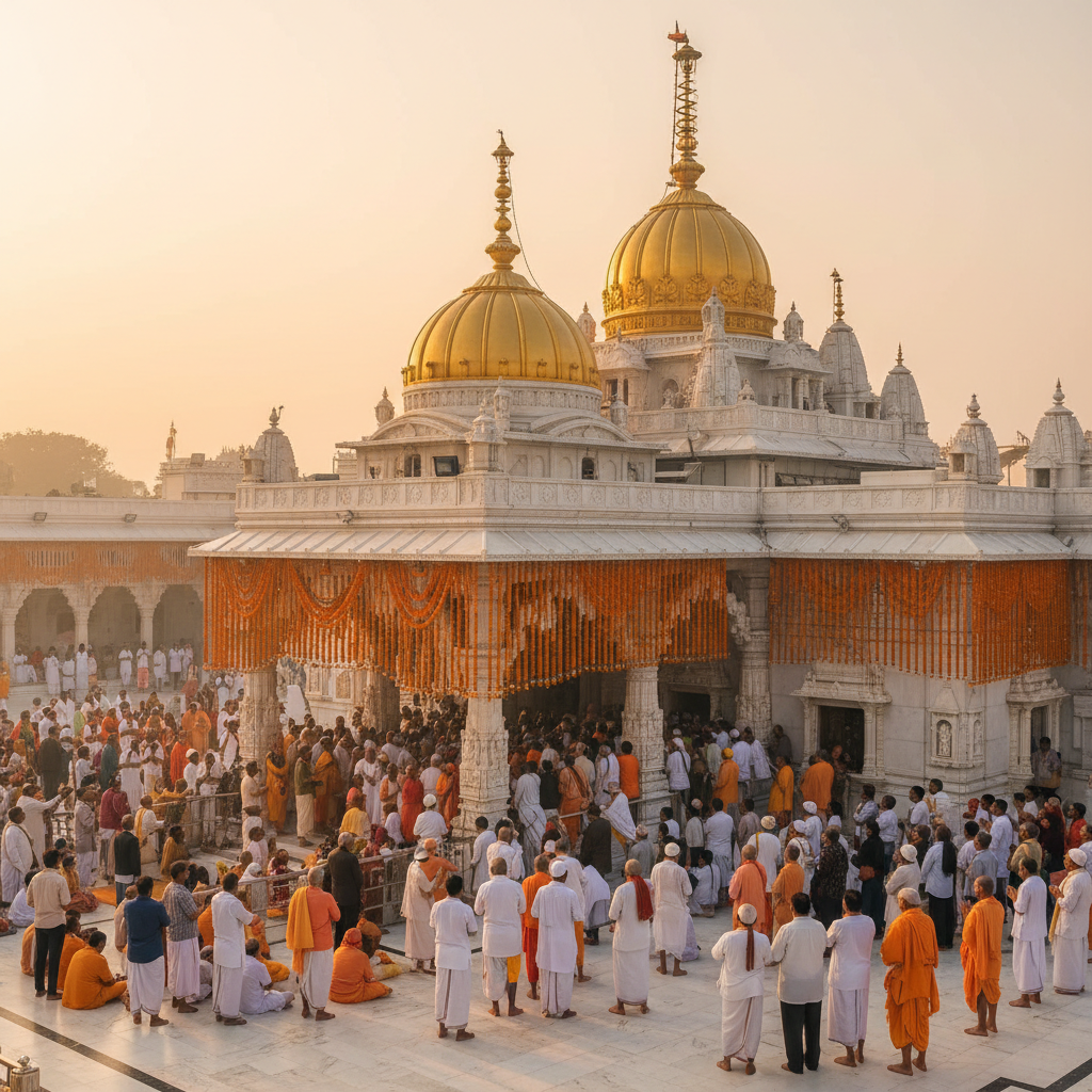 Shirdi Sai Baba Samadhi Mandir temple complex with white marble architecture and golden dome glowing at golden hour in Maharashtra