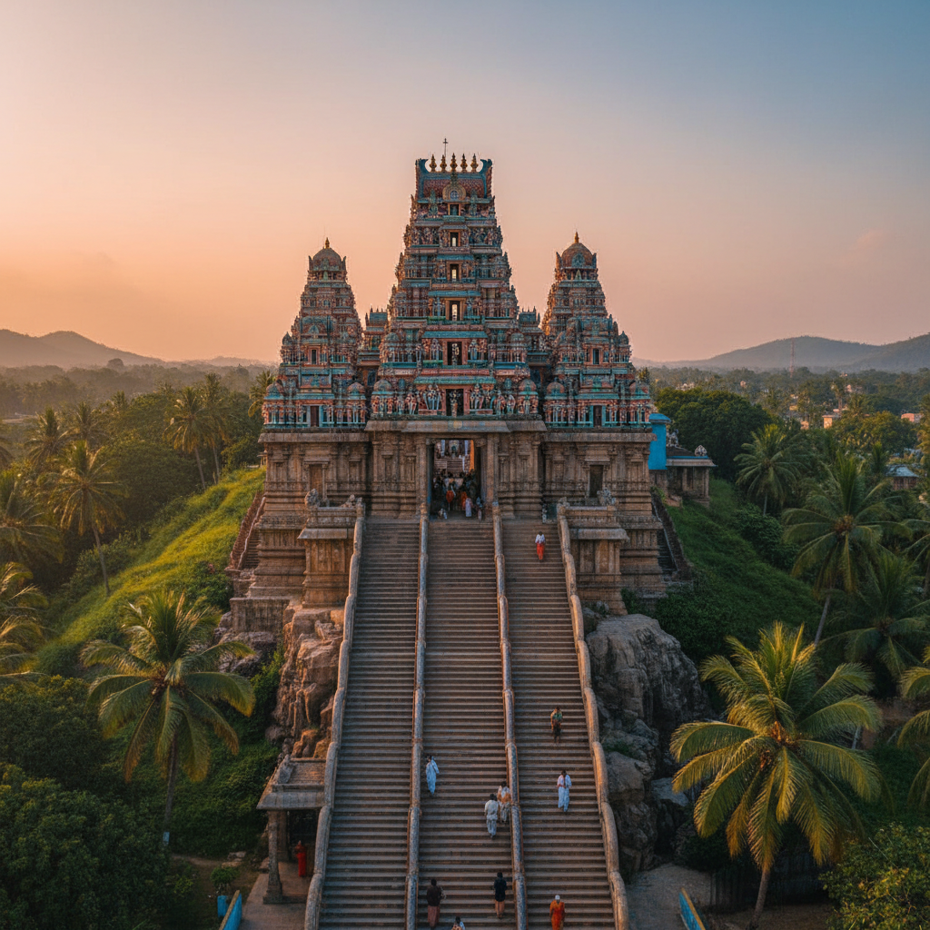 Swamy Malai temple with 60 sacred steps leading to the hilltop shrine of Lord Murugan in Tamil Nadu