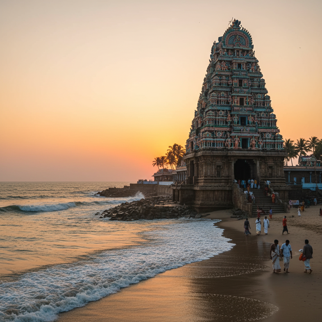 Thiruchendur Murugan temple on the seashore with the Bay of Bengal waves visible beside the ancient gopuram