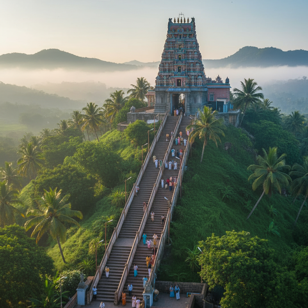Thiruthani Murugan temple hill with 365 steps leading to the sacred shrine surrounded by greenery in Tamil Nadu