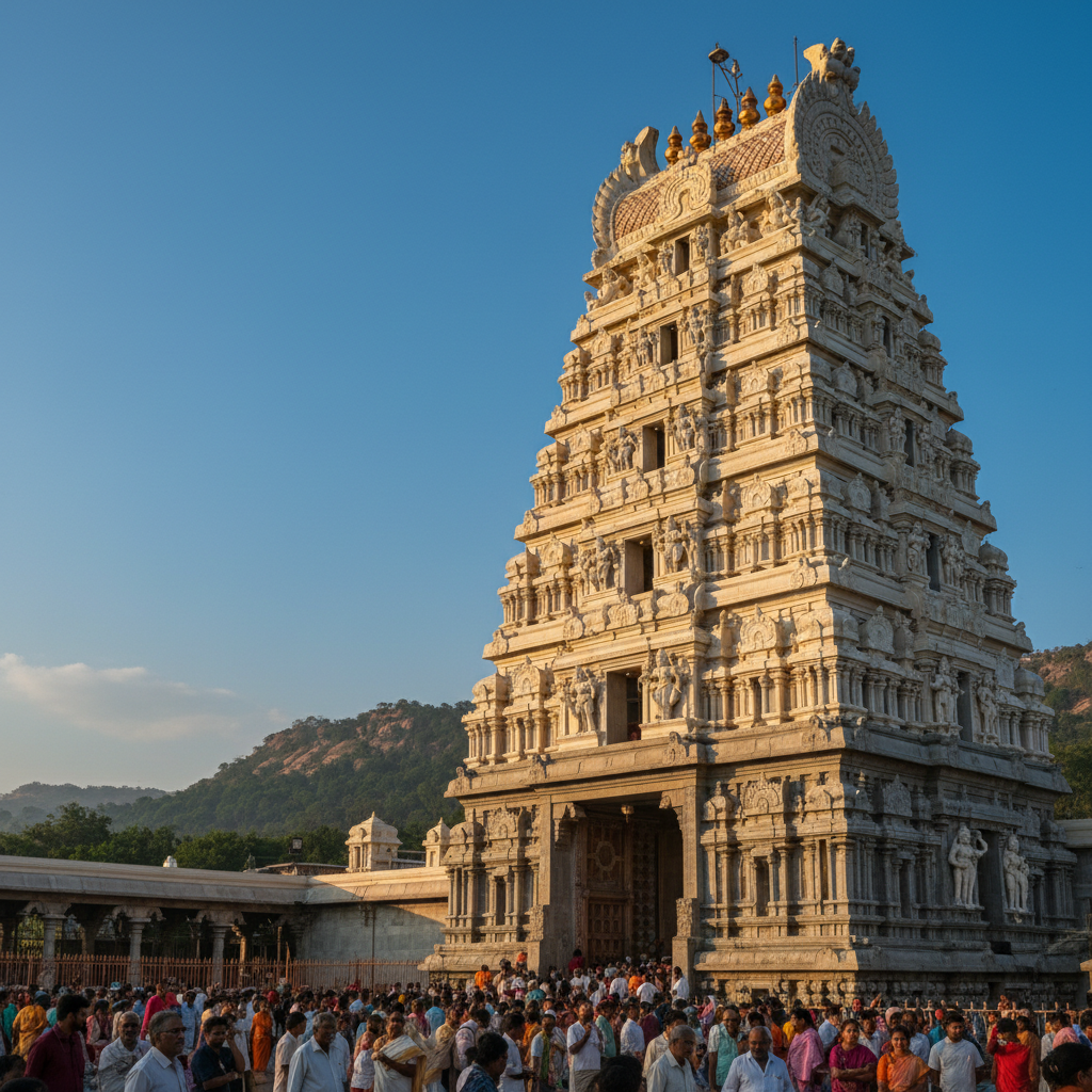 Tirumala Tirupati temple gopuram tower illuminated at dusk with golden lights against a deep blue sky